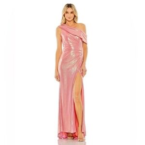 Mac Duggal Off The Shoulder Ruched Waist Slit Metallic Gown